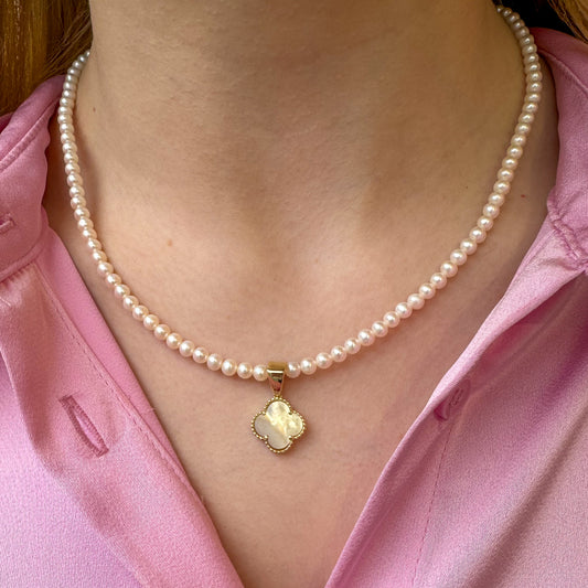 9ct Gold Alhambra Mother of Pearl Quatrefoil on Pearls Necklace - John Ross Jewellers
