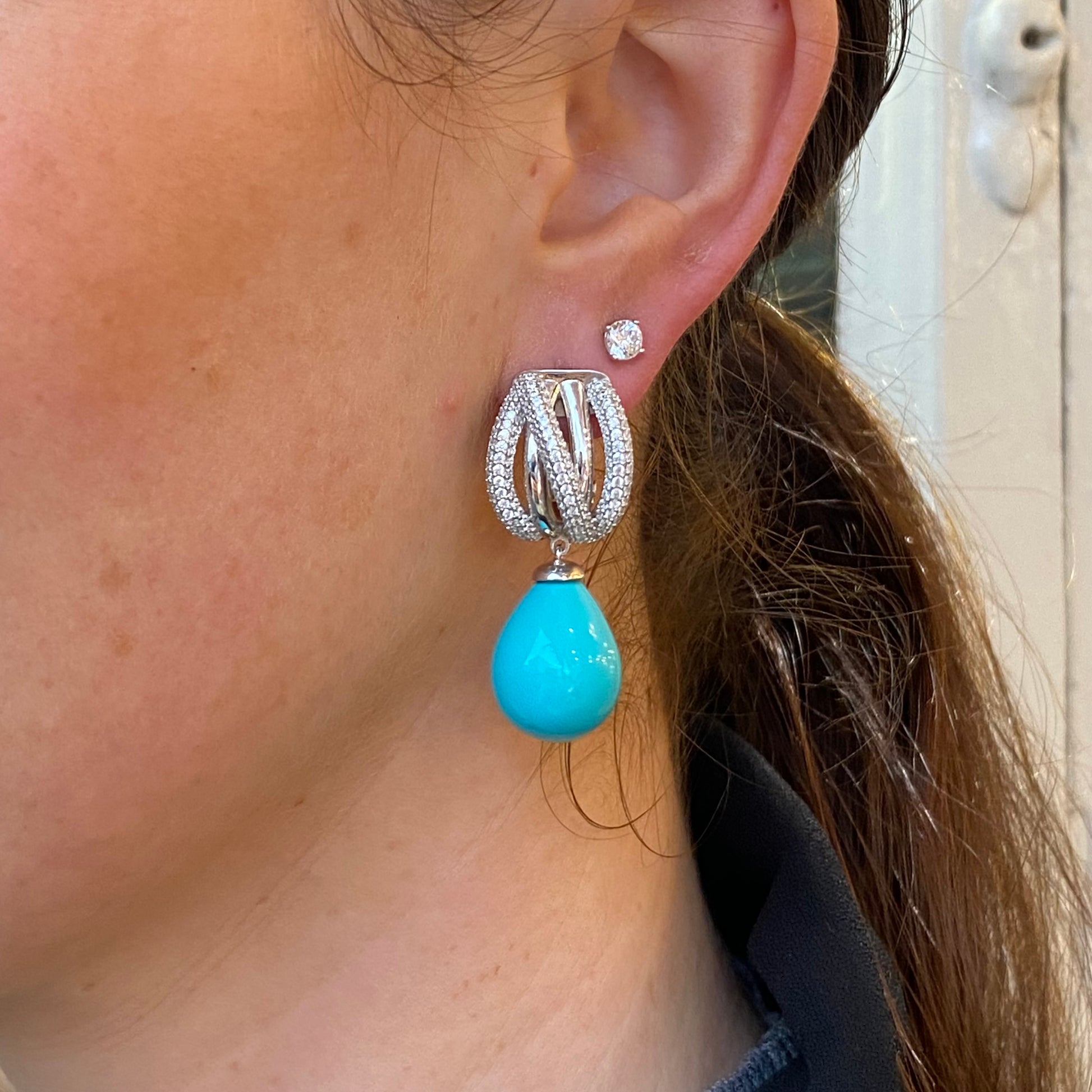 Silver Turquiose Shell Pearl & CZ Drop Earrings | 9x40mm - John Ross Jewellers