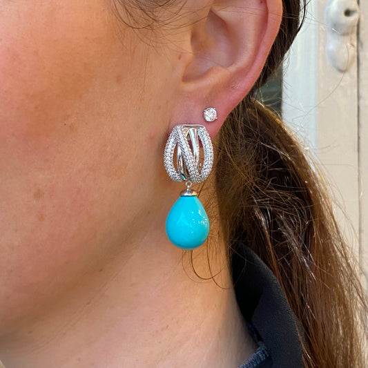 Silver Turquiose Shell Pearl & CZ Drop Earrings | 9x40mm - John Ross Jewellers