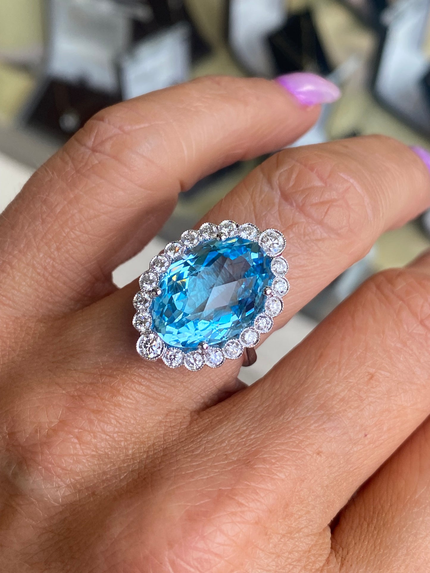 18ct White Gold Blue Topaz & Diamond Statement Ring
