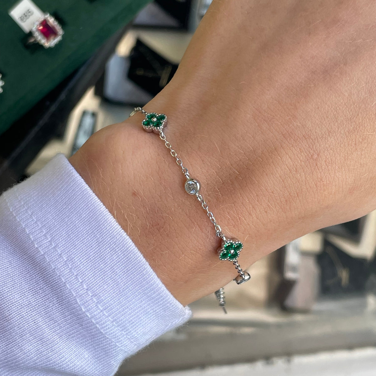 Silver CZ Quatrefoil Bracelet | Emerald Green