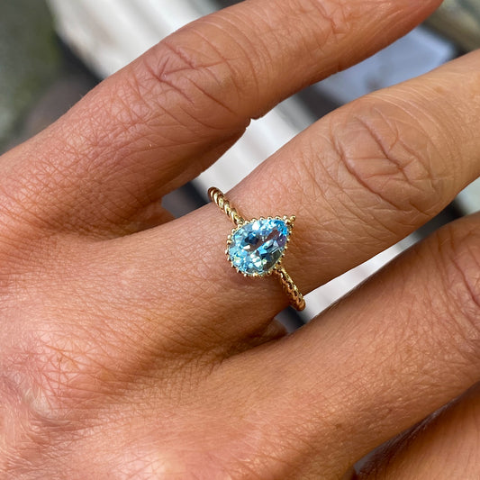 9ct Gold Braided Pear Ring - Blue Topaz