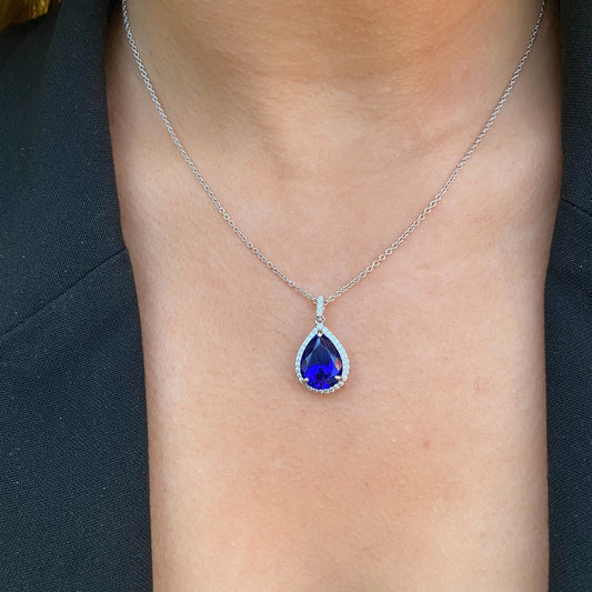 Silver CZ Pear Halo Necklace | Sapphire Blue