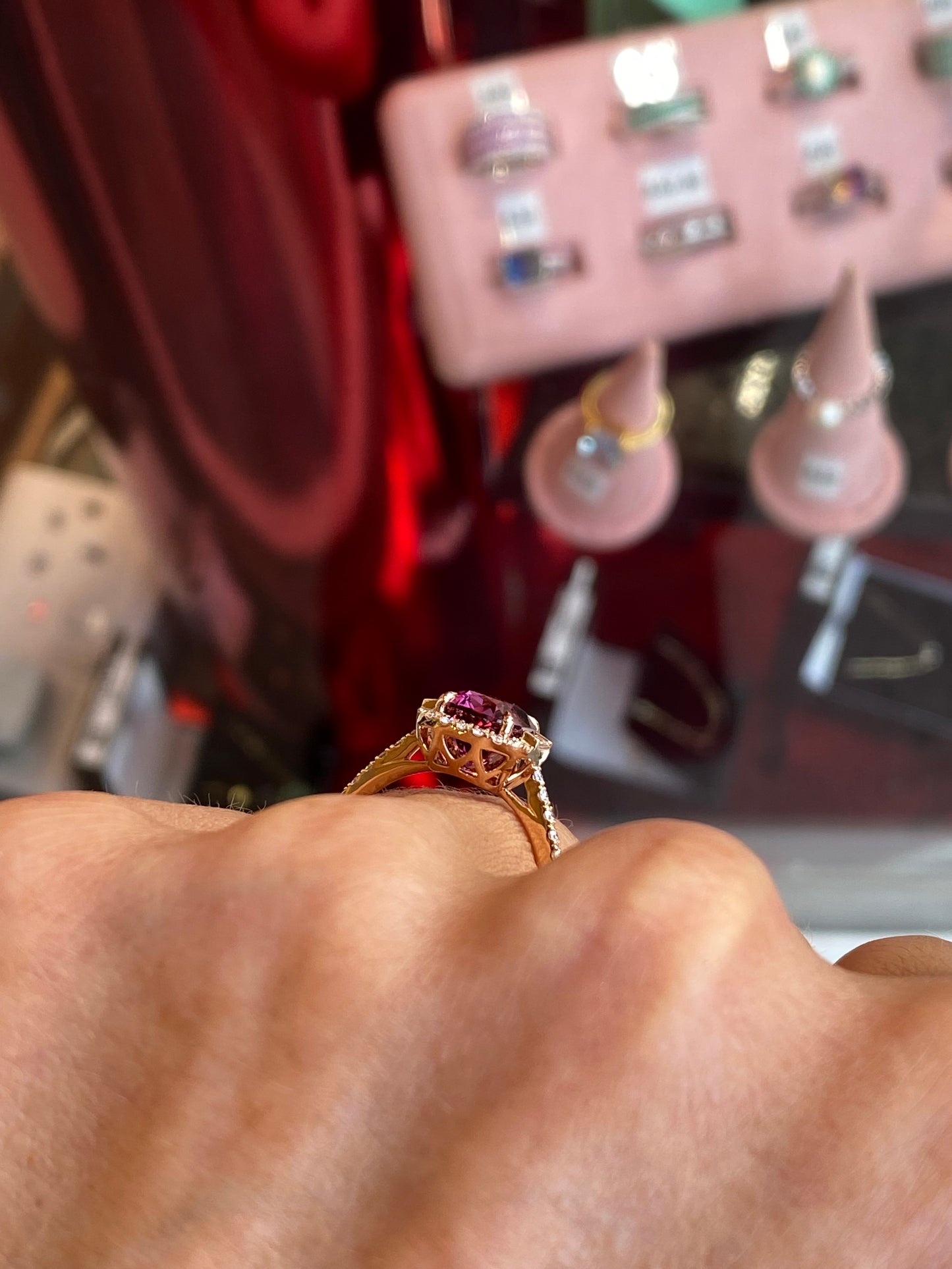 18ct Rose Gold Rhodolite & Diamond Ring