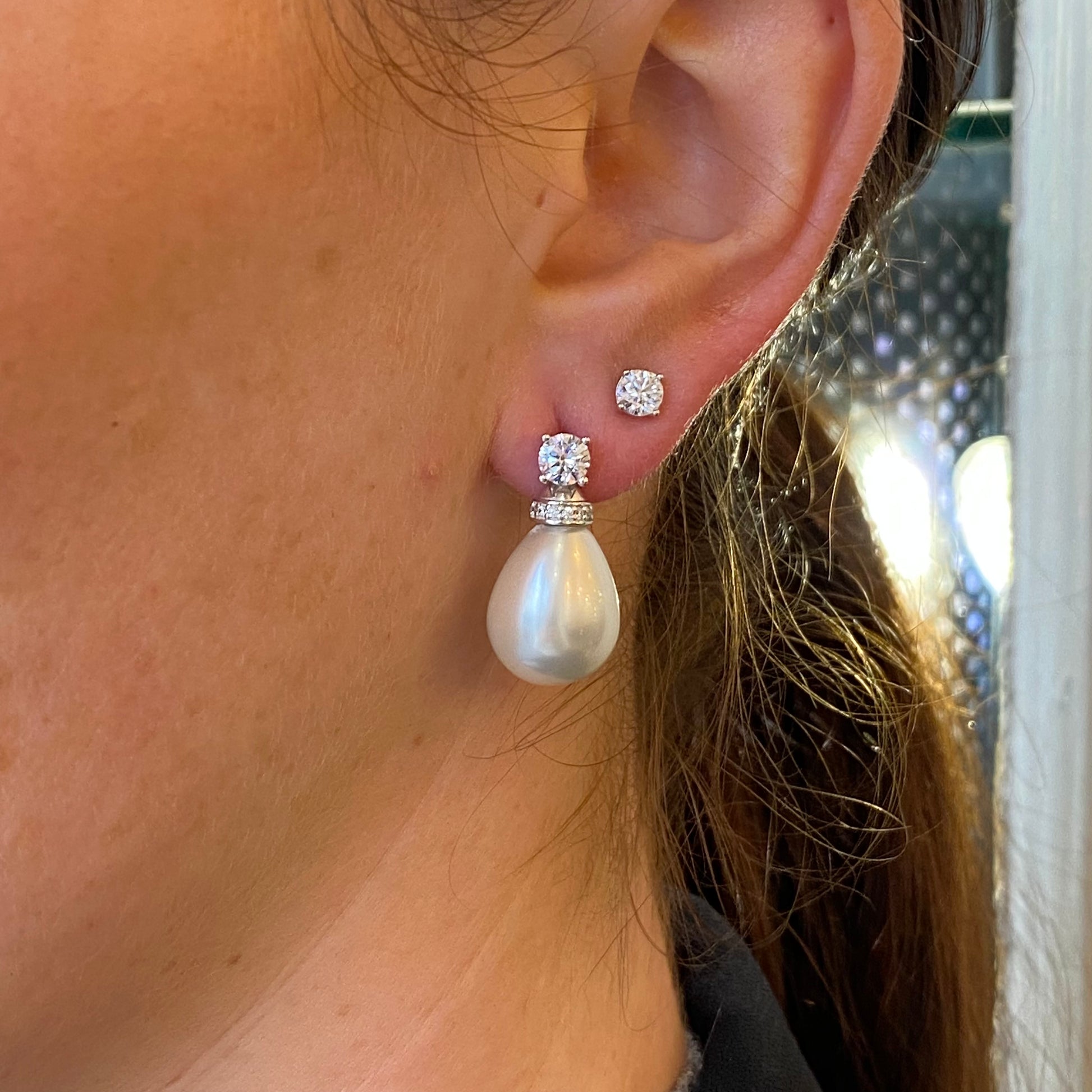 Silver 12x15mm Shell Pearl & CZ Drop Earrings - John Ross Jewellers