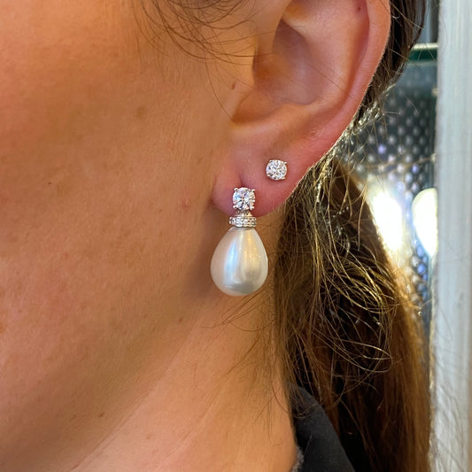 Silver 12x15mm Shell Pearl & CZ Drop Earrings - John Ross Jewellers