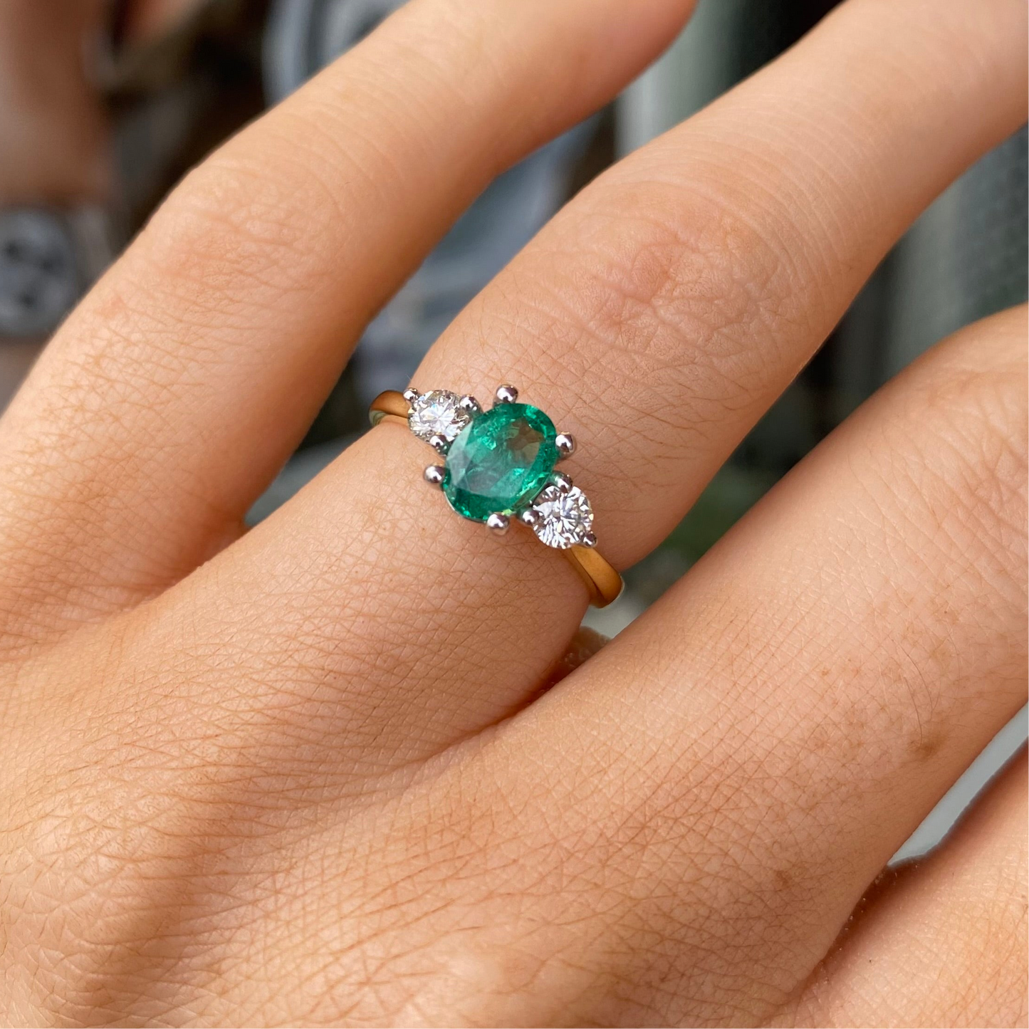 18ct Gold Emerald & Diamond Trilogy Ring - John Ross Jewellers
