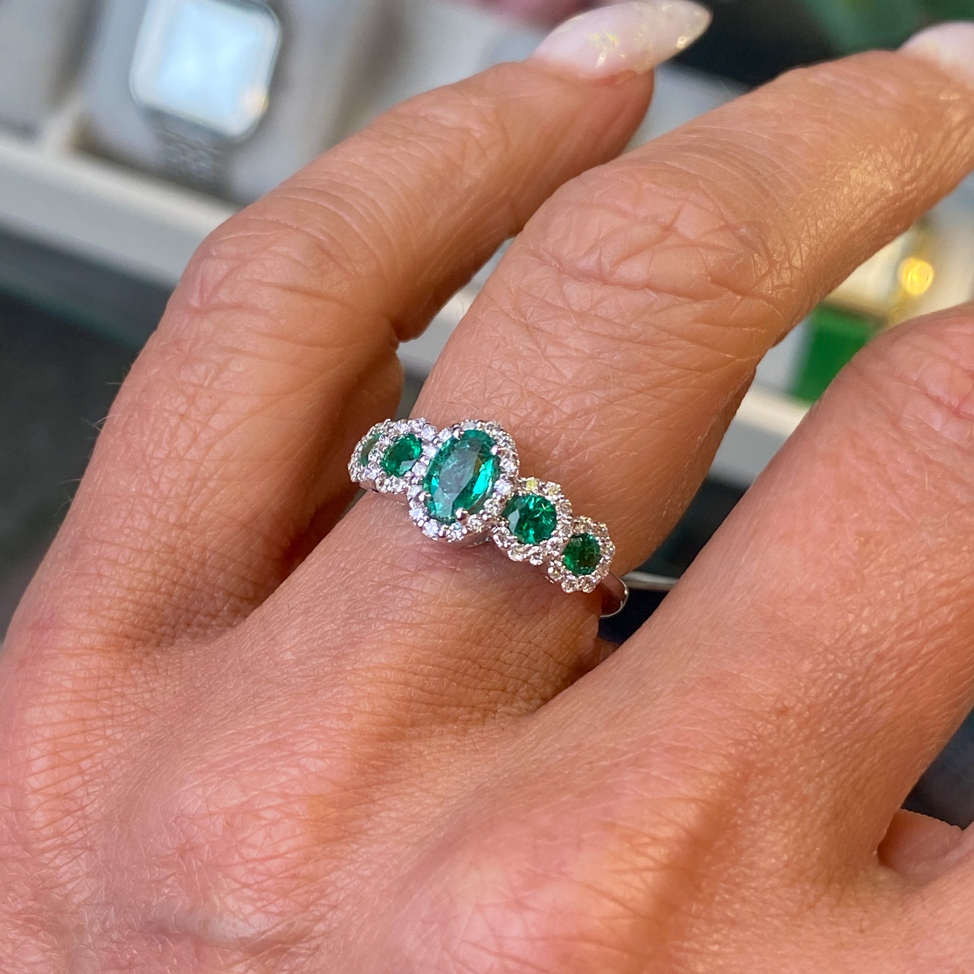 18ct White Gold Emerald & Diamond Garland Ring - John Ross Jewellers