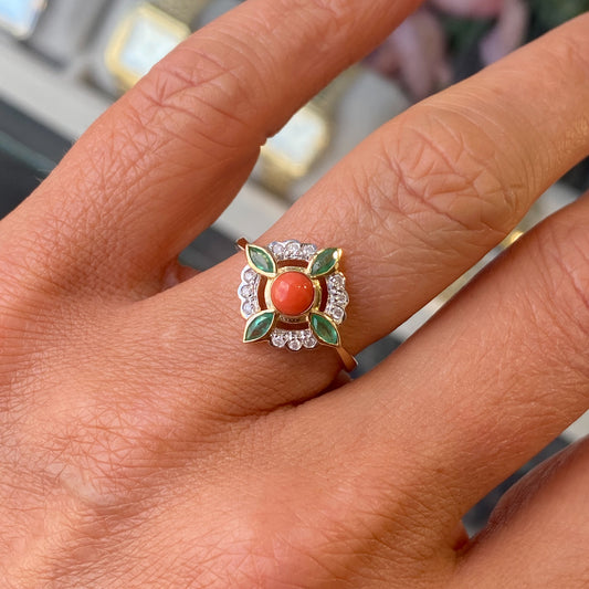 9ct Gold Red Coral, Emerald & Diamond Ring
