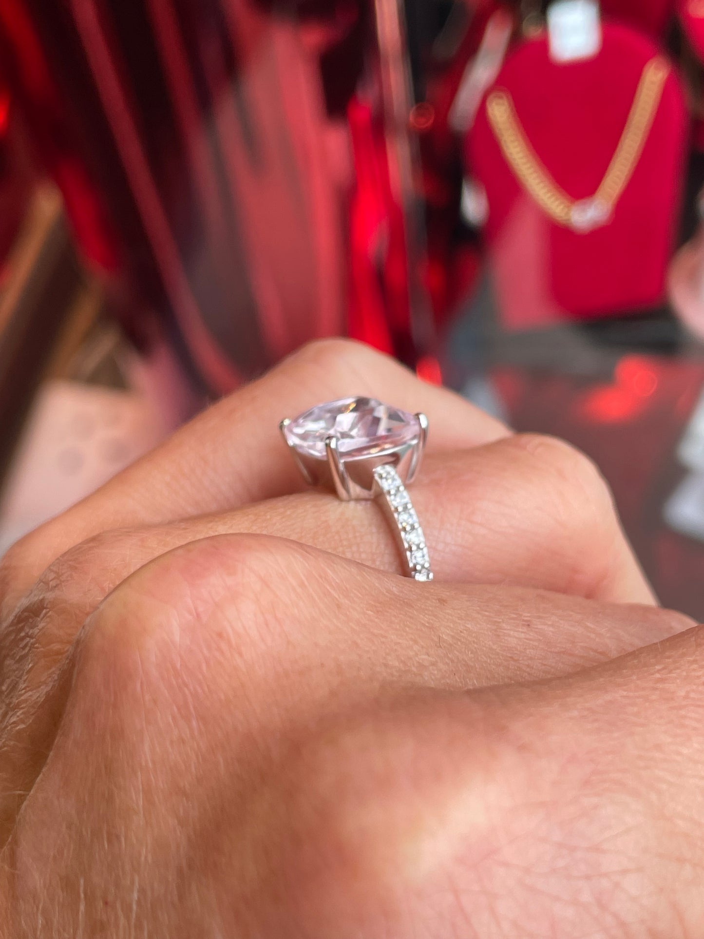 Silver Statement Cushion Solitaire Ring | Soft Pink