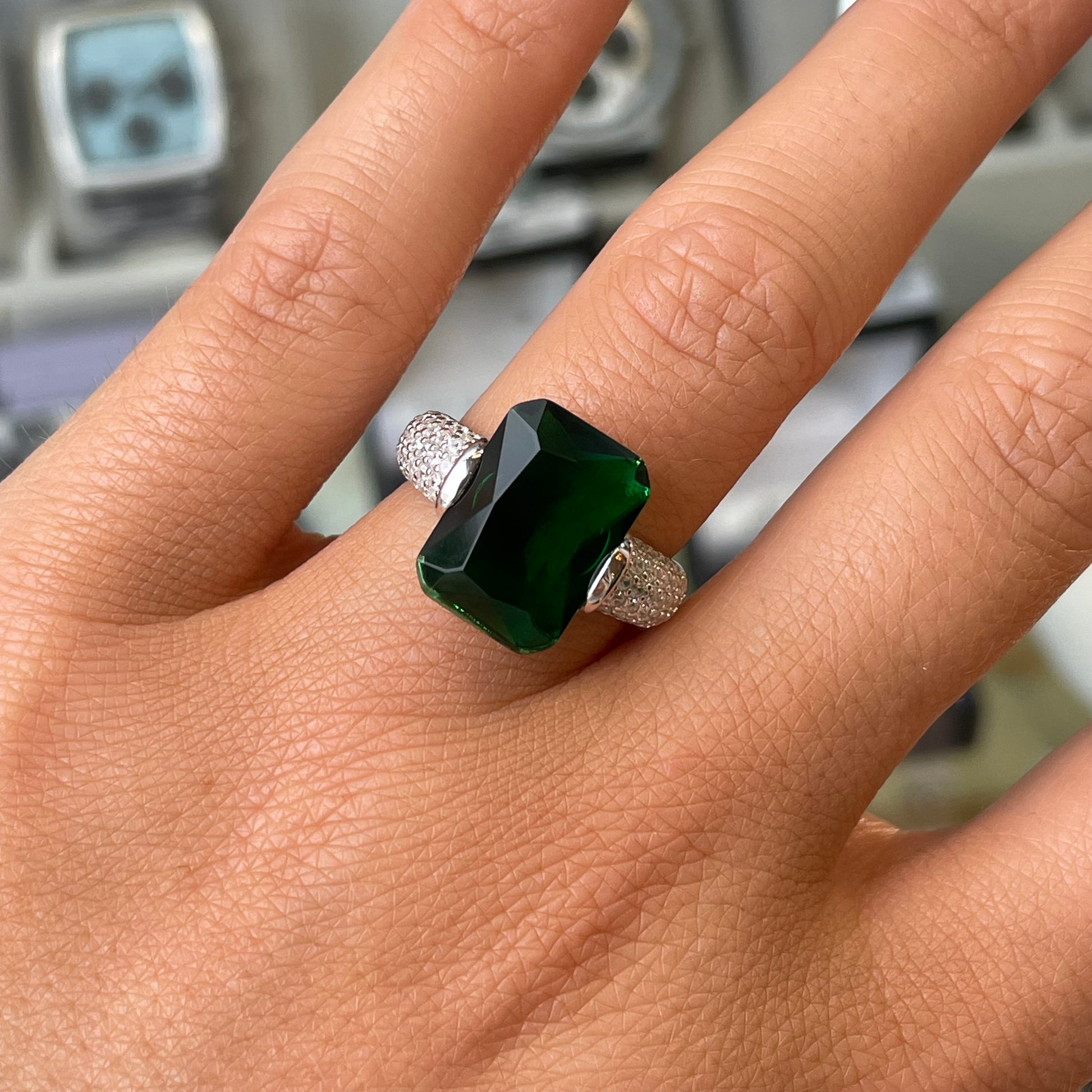 Silver Emerald Green CZ Statement Solitaire Ring - John Ross Jewellers