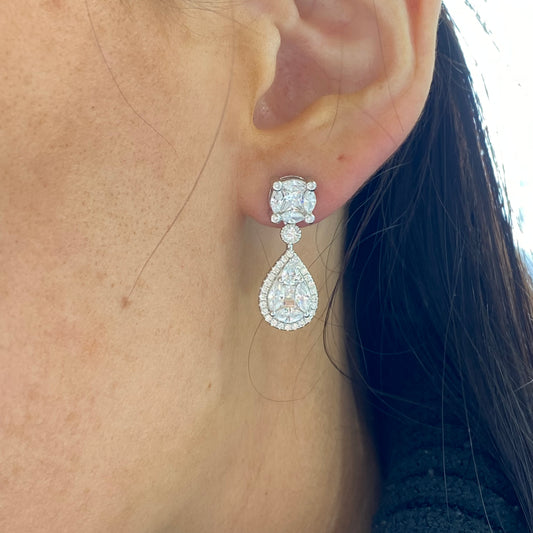 Silver Pearl CZ Halo Drop Earrings
