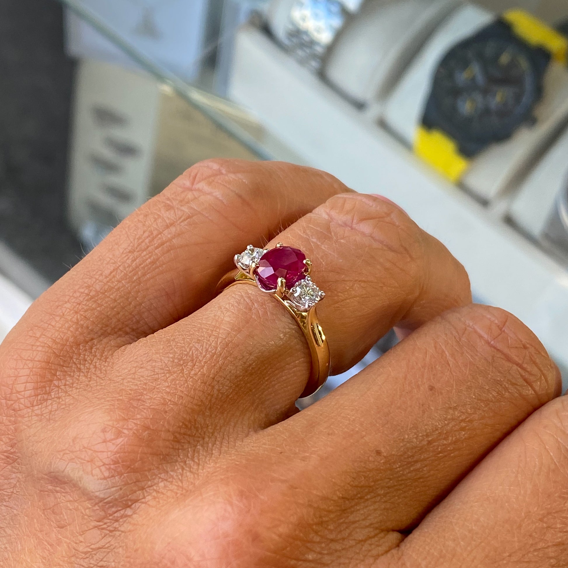 18ct Gold Ruby Diamond Trilogy Ring John Ross Jewellers