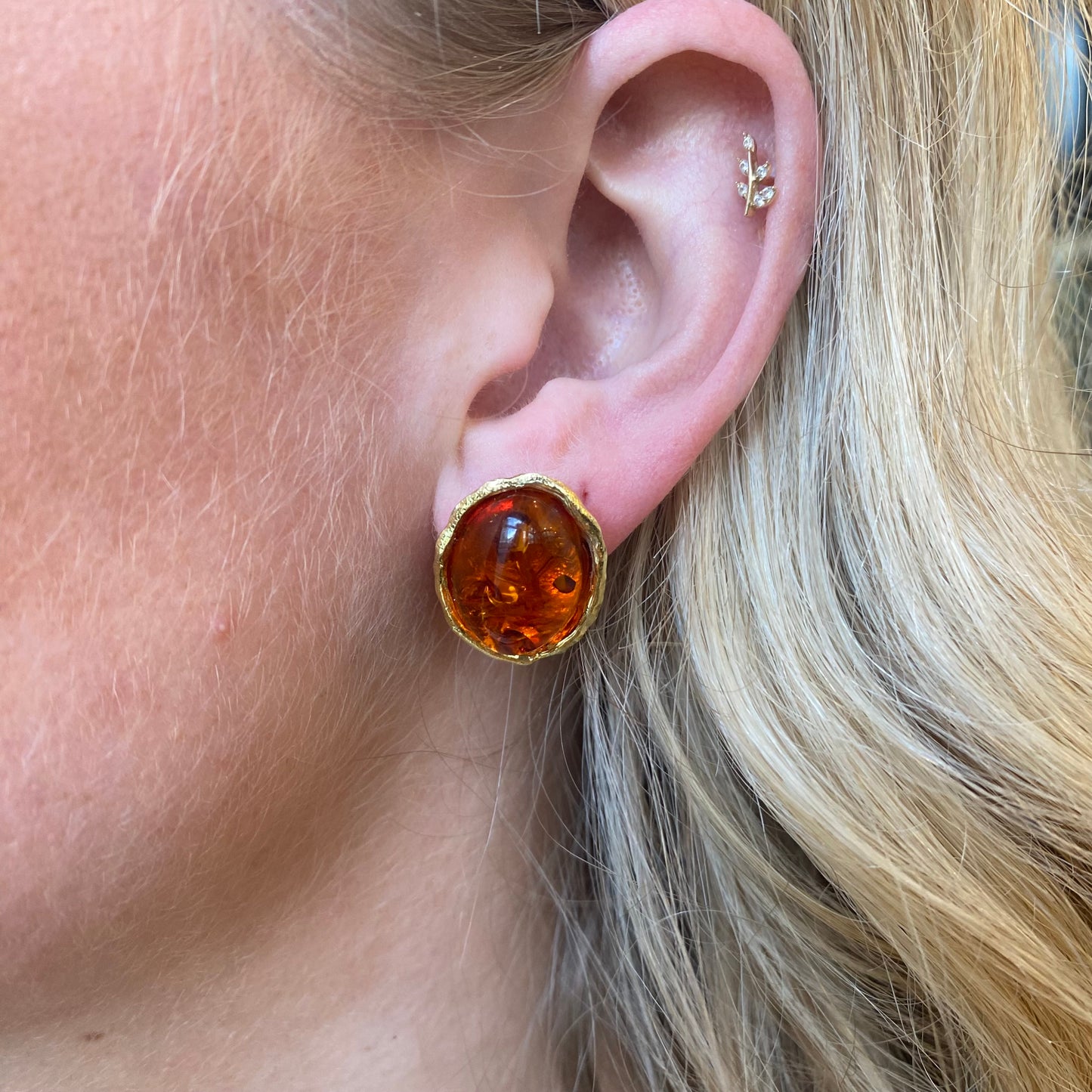 Bruno Baroque Amber stud earrings featuring 22mm x 16mm amber stones with intricate gold-tone settings.