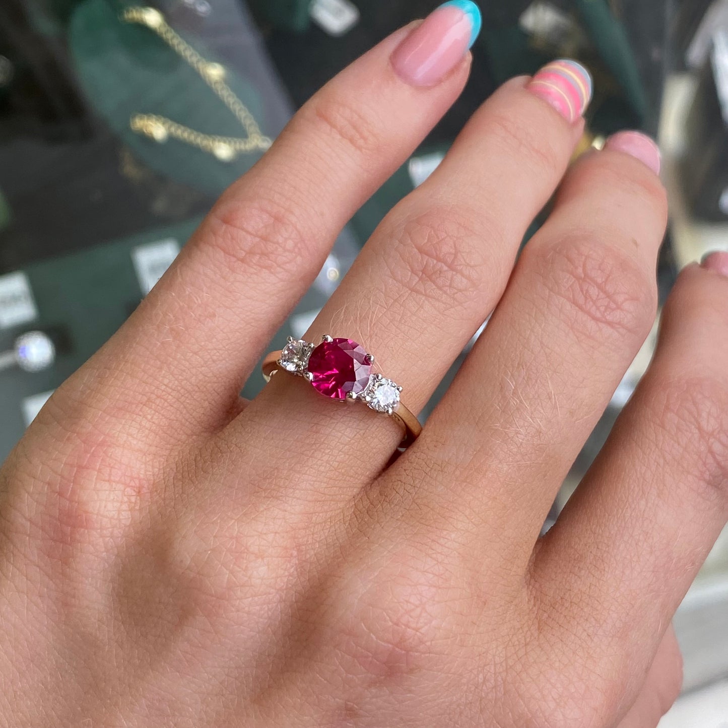 9ct Gold Created Ruby & CZ Trilogy Ring
