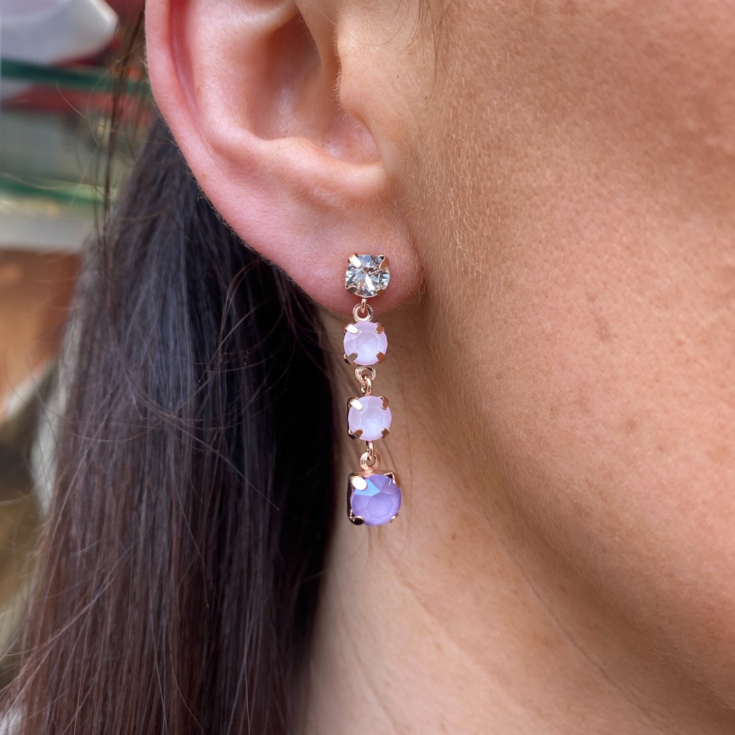 Victoria Cruz Rose Pink & Lilac Crystal Drop Earrings