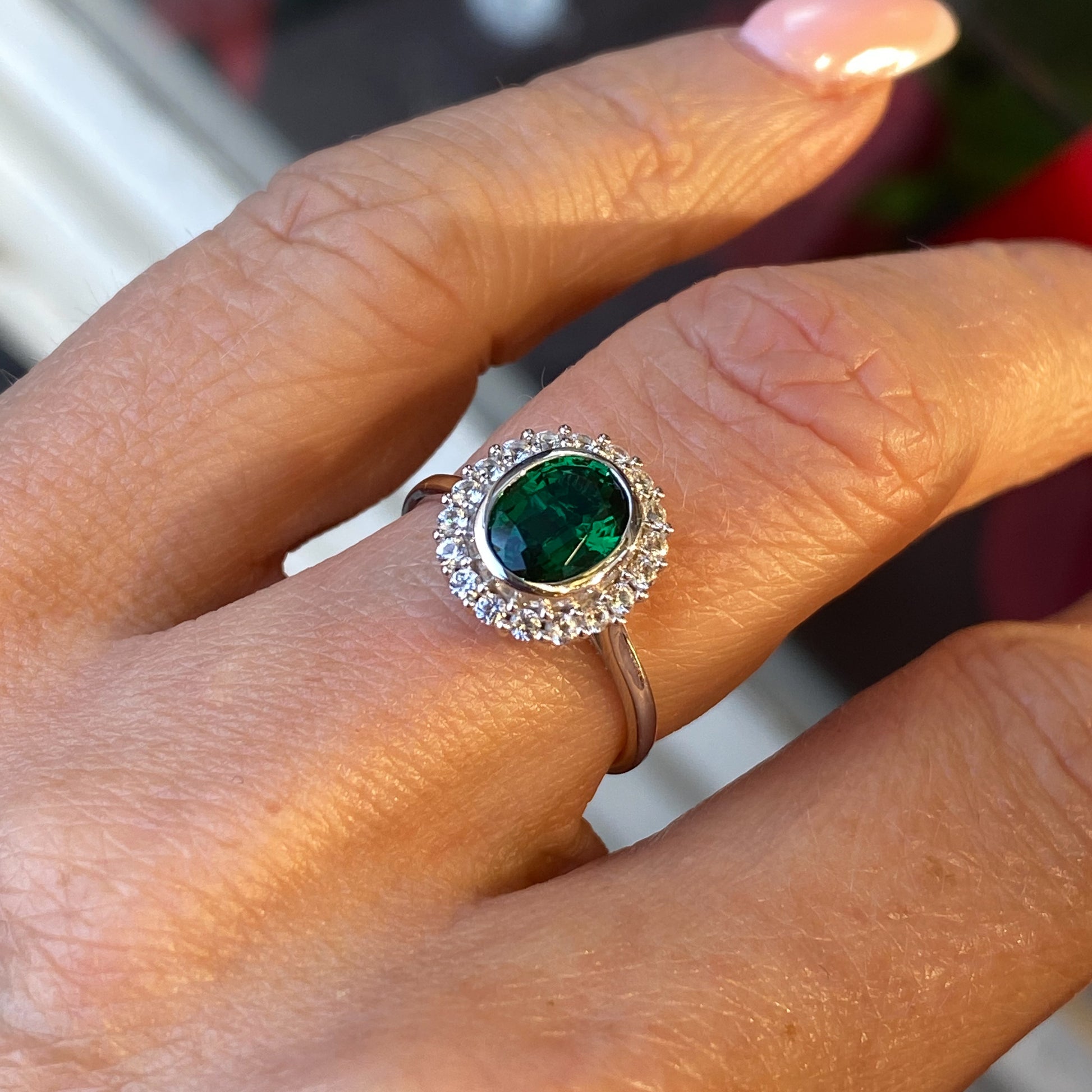 9ct White Gold Created Emerald & CZ Oval Cluster Ring - John Ross Jewellers