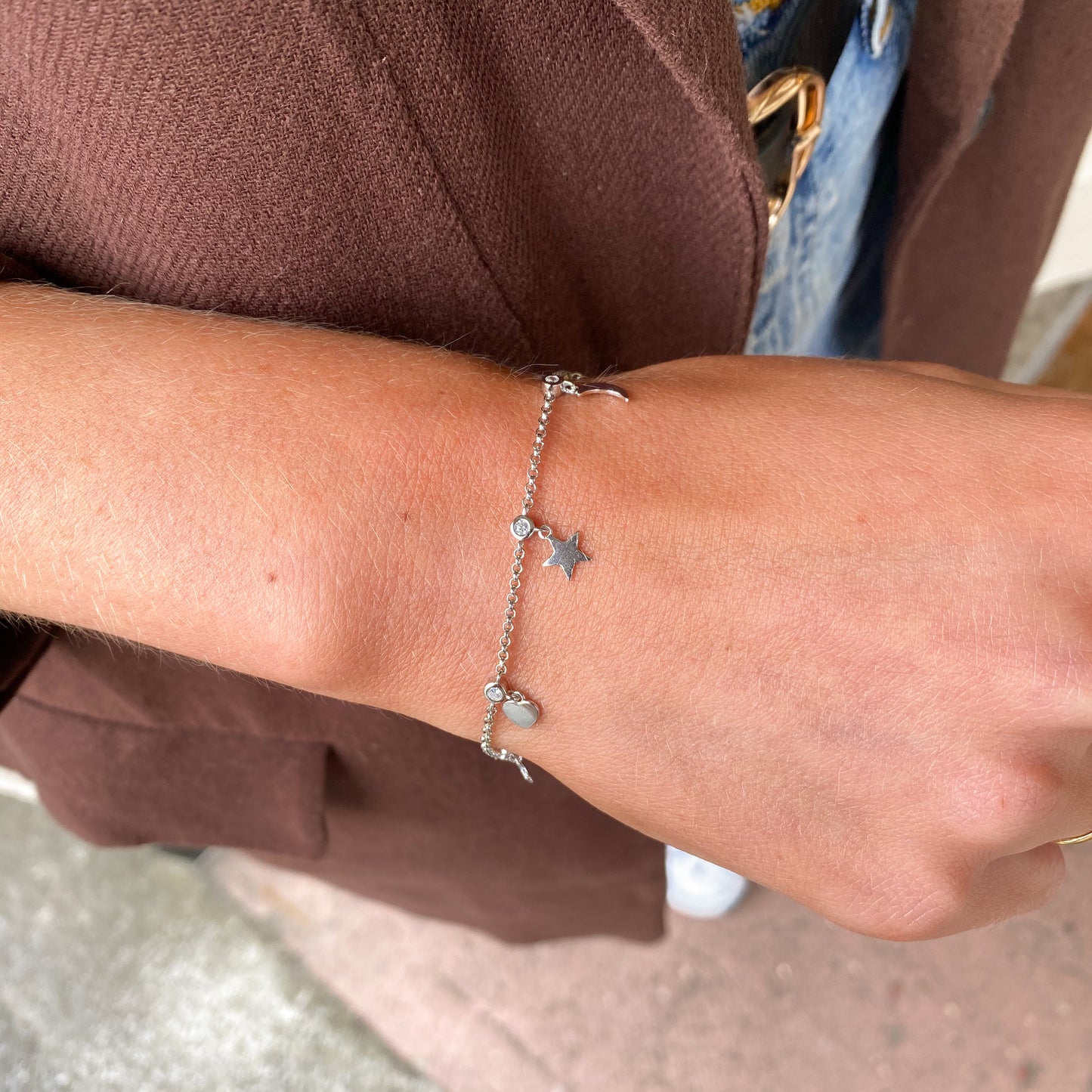 Silver CZ Charm Bracelet | Moon & Star Drops