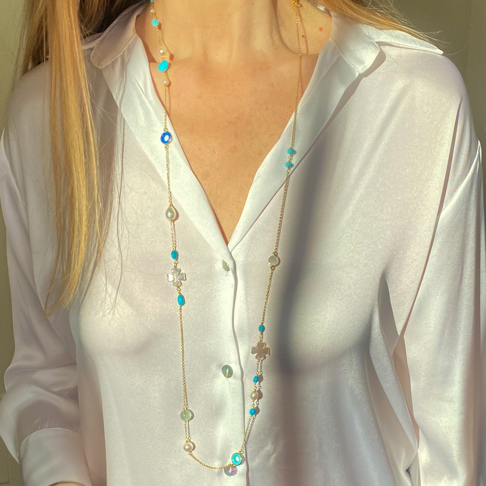 Adria Turquoise, Pearl, Quartz, Agate & Mother of Pearl Necklace | 110cm - John Ross Jewellers