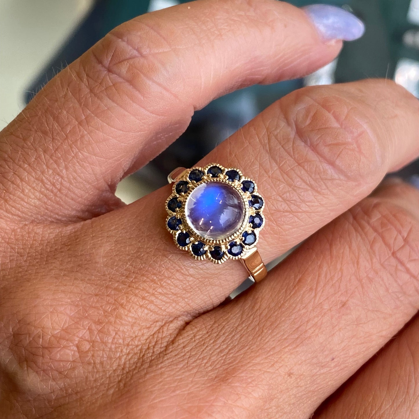 9ct Gold Rainbow Blue Moonstone & Sapphire Ring