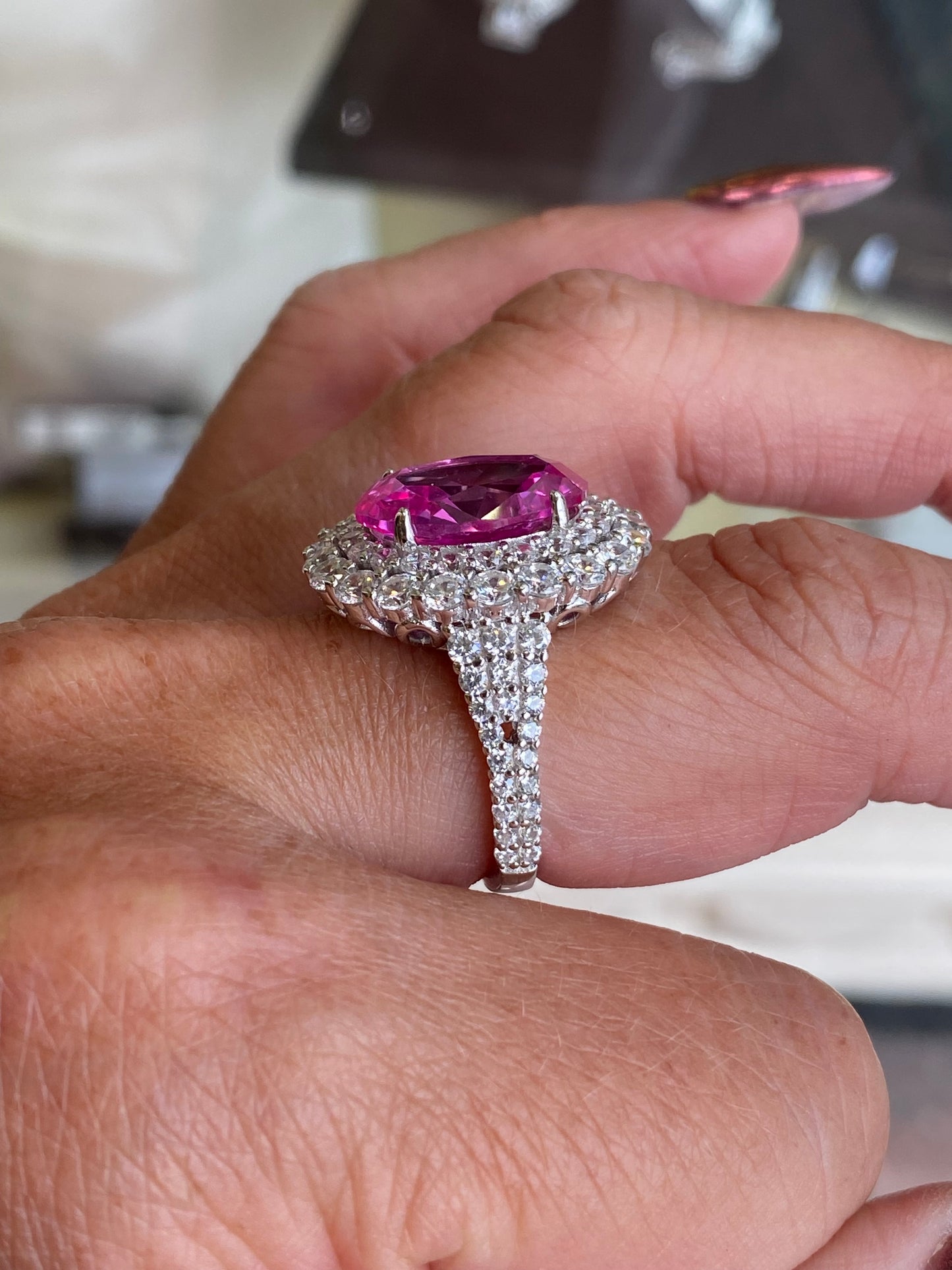 Silver Statement Hot Pink CZ Double Halo Ring