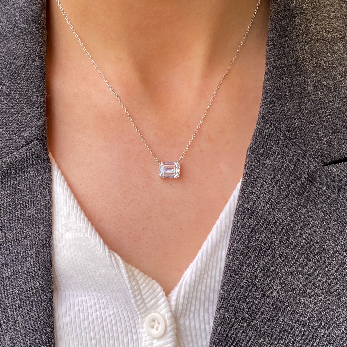 Silver Emerald Cut CZ Necklace - John Ross Jewellers