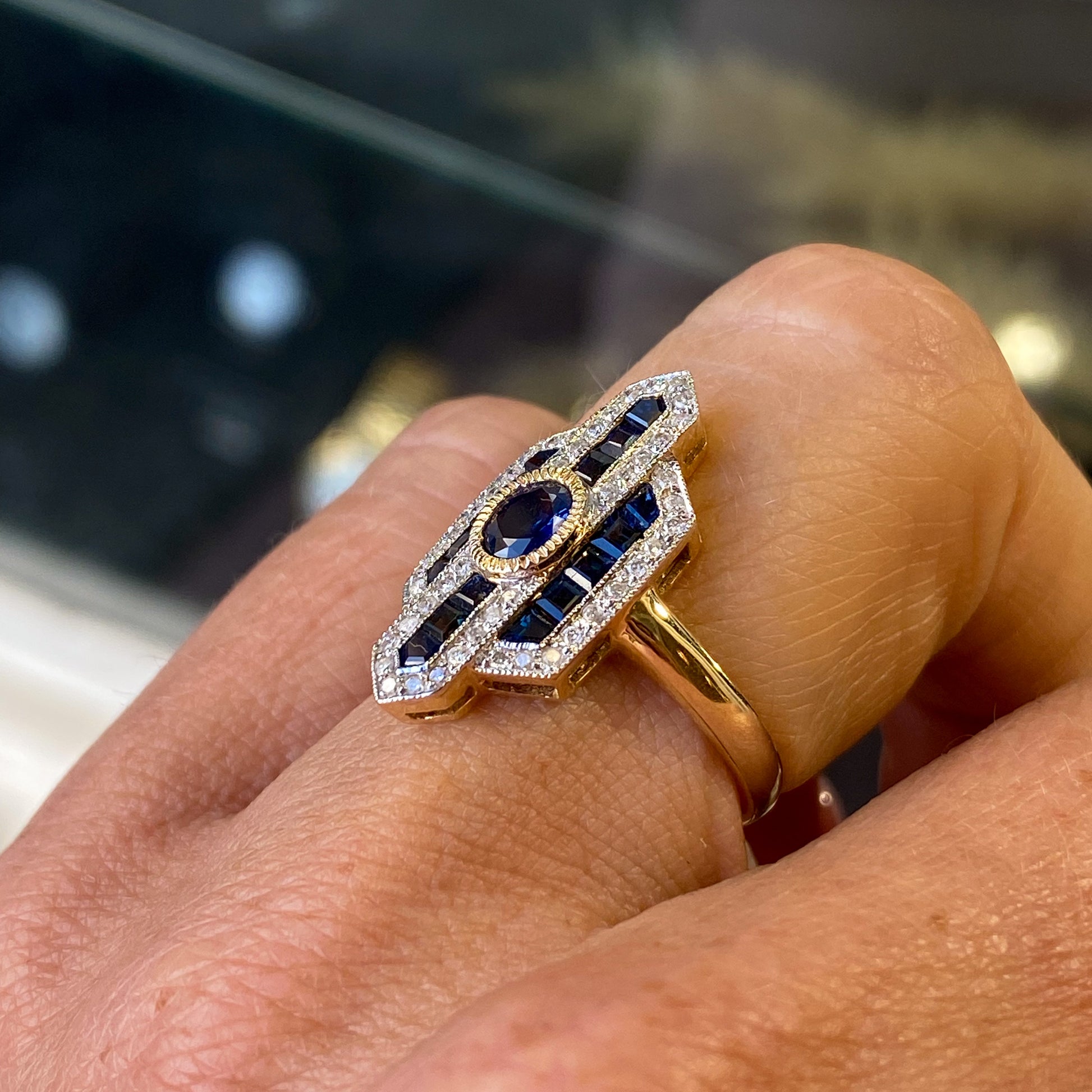 9ct Gold Sapphire & Diamond Deco Ring - John Ross Jewellers