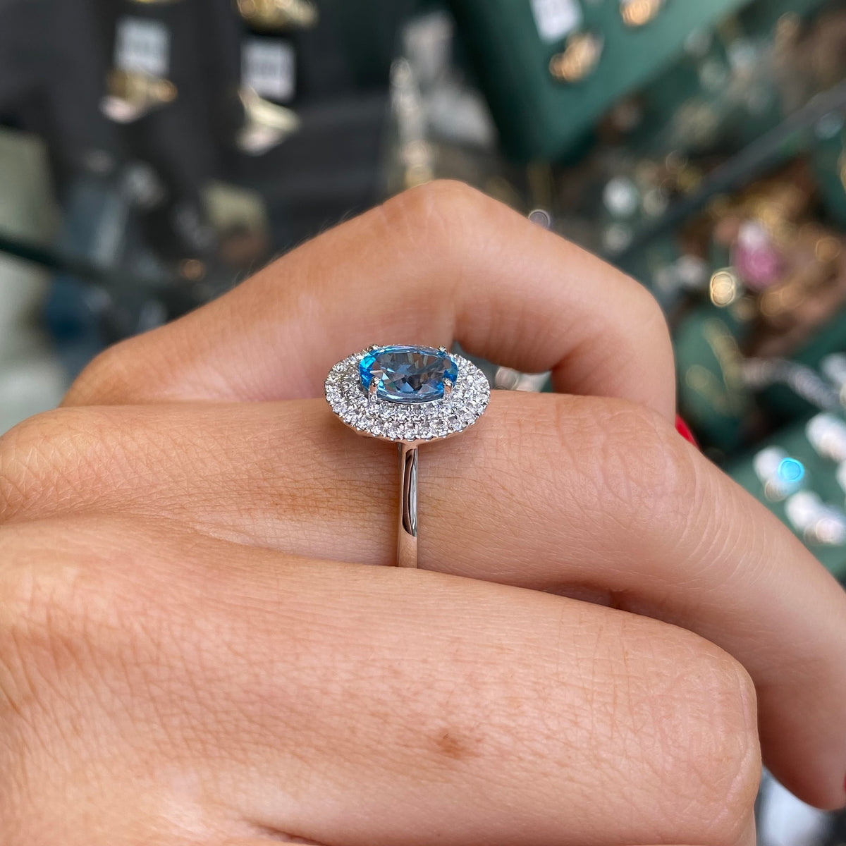 9ct White Gold Sky Blue Topaz & Diamond Ring