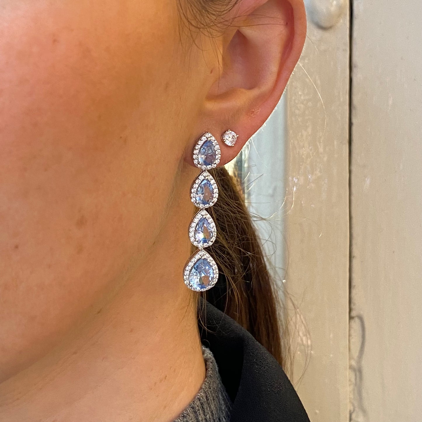 Silver Aqua Pear CZ Drop Earrings - John Ross Jewellers