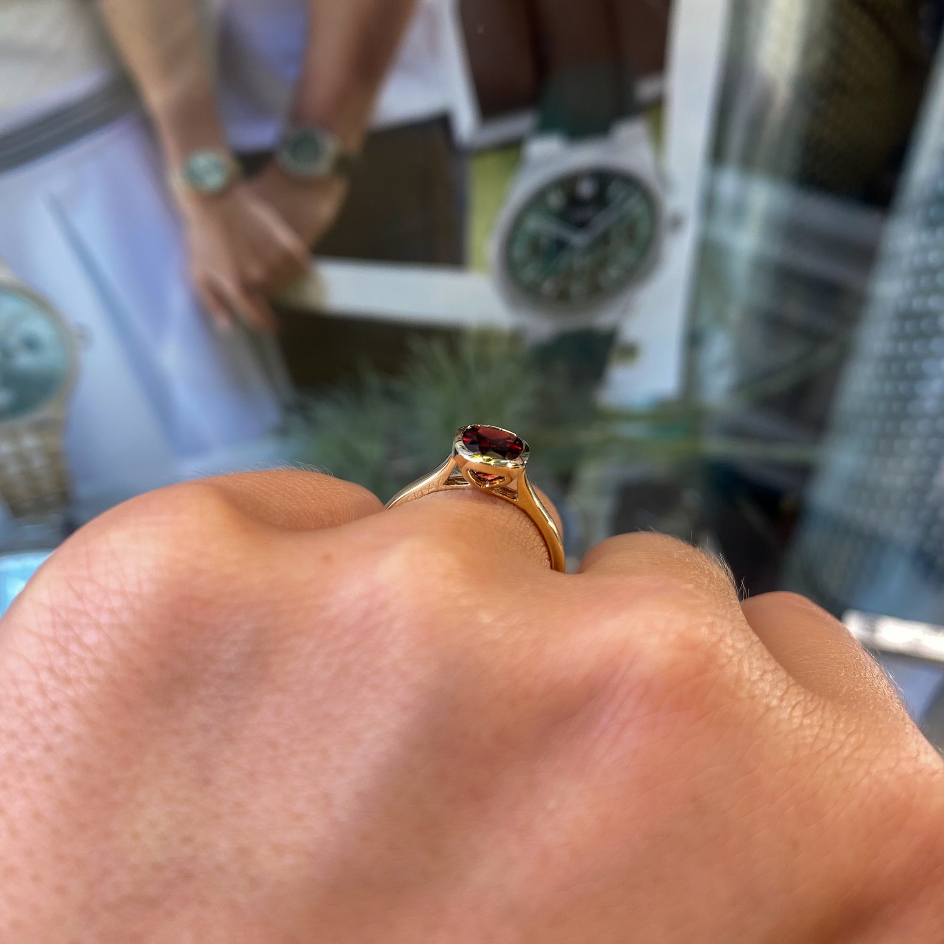 9ct Gold Bezel Radiant Ring - Garnet - John Ross Jewellers