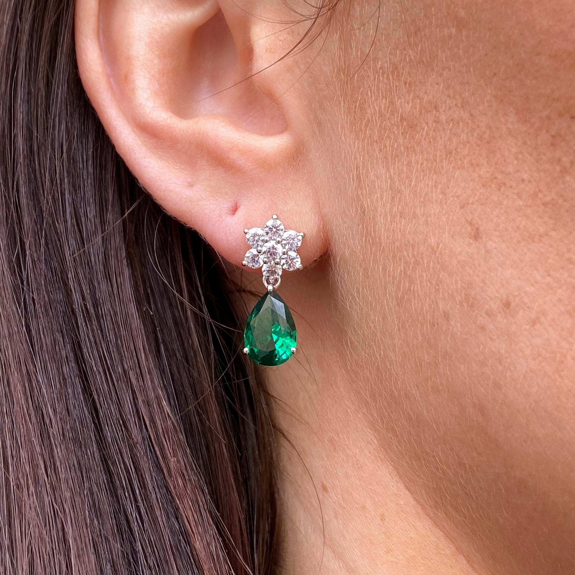 Silver Emerald Green Pear CZ Drop Earrings - John Ross Jewellers