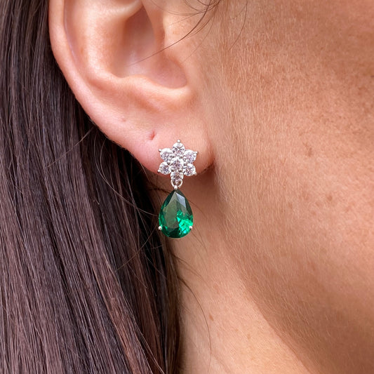 Silver Emerald Green Pear CZ Drop Earrings - John Ross Jewellers