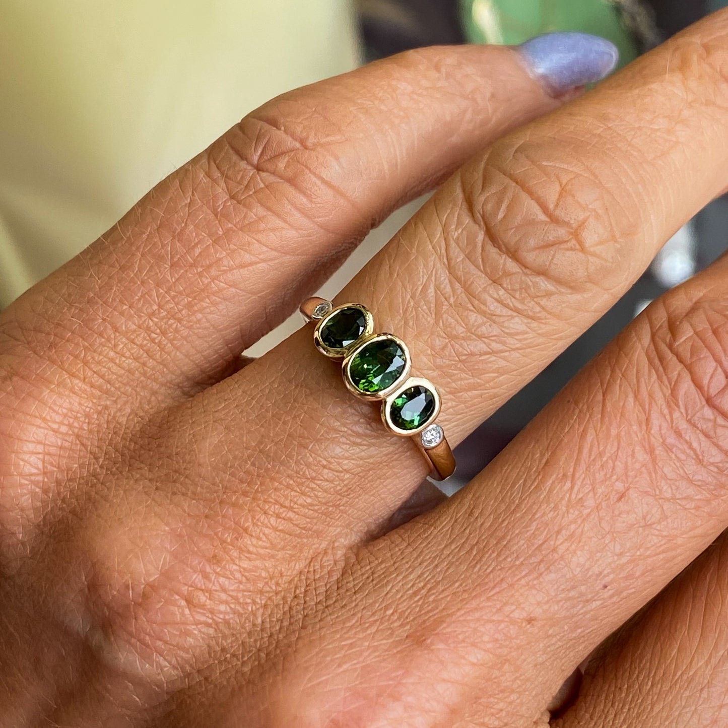 9ct Gold Green Tourmaline & Diamond Trilogy Ring
