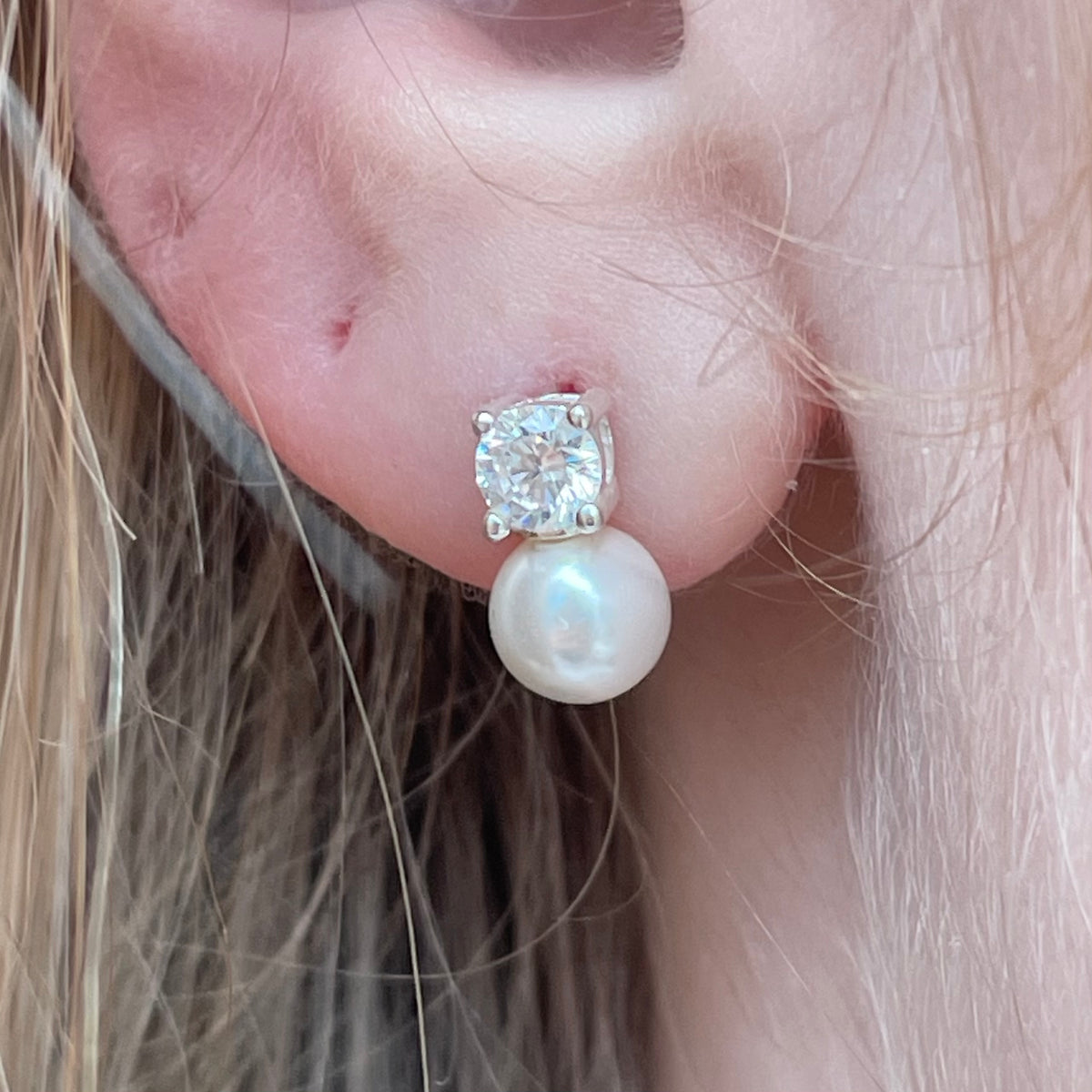 Silver CZ & Pearl Stud Earrings