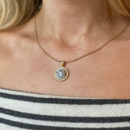 Sun & Moon CZ Cameo Pendant Necklace