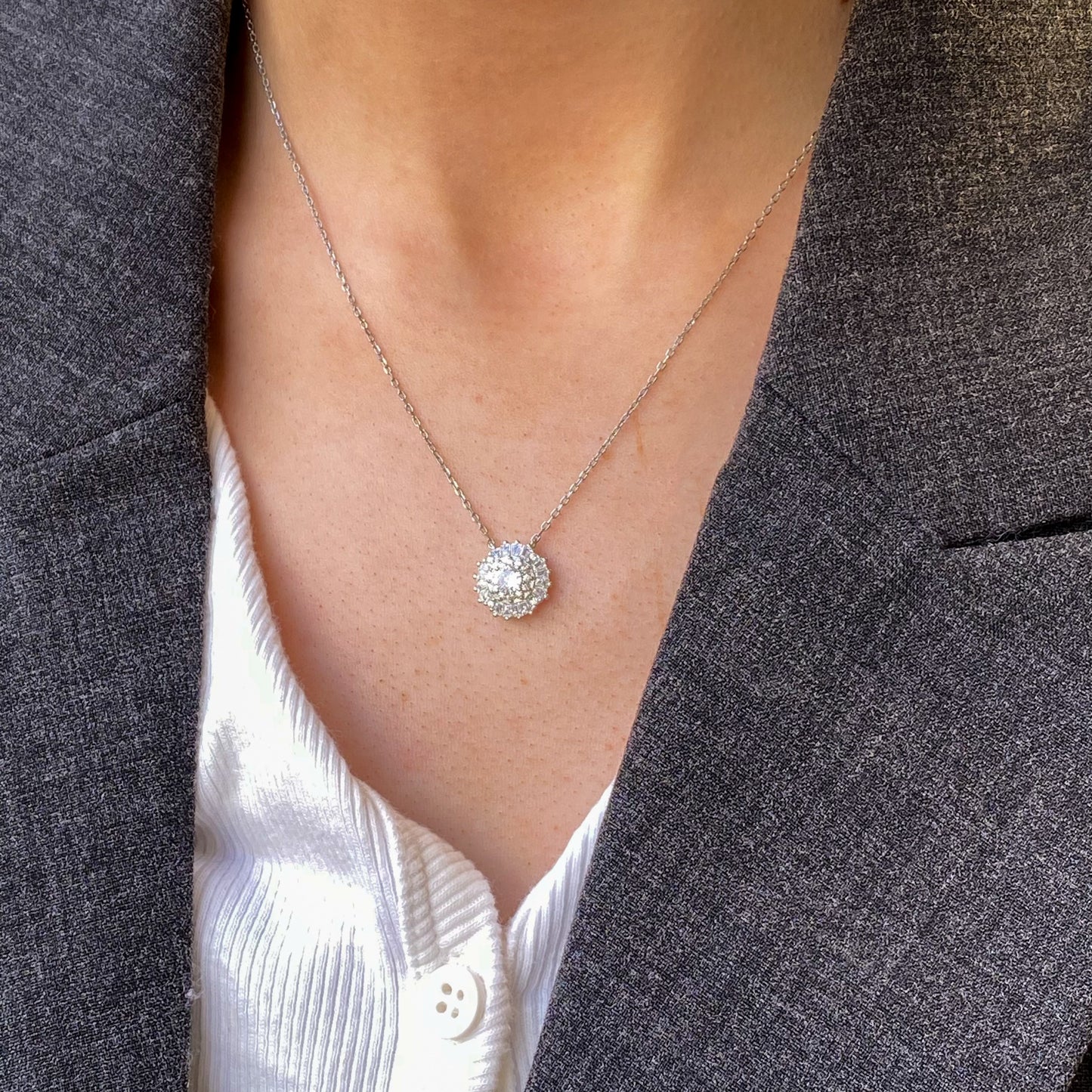 Silver Statement Halo CZ Necklace - John Ross Jewellers