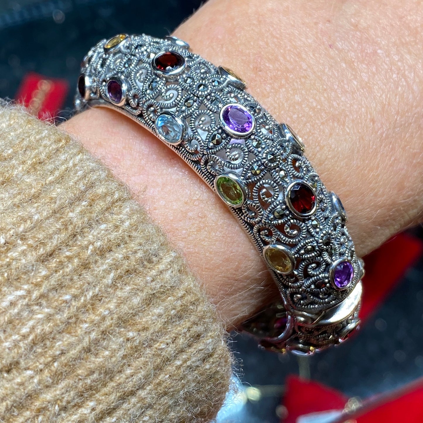 Silver Marcasite & Gemstone Bangle