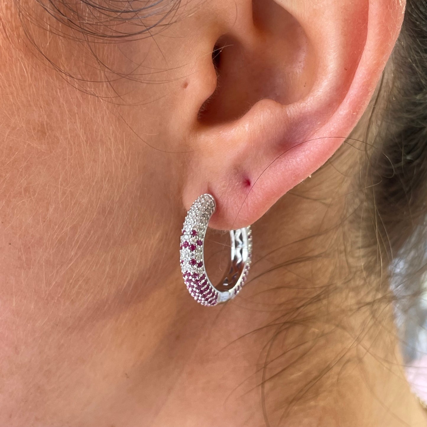 Silver Red Ombre Huggie Hoop Earrings