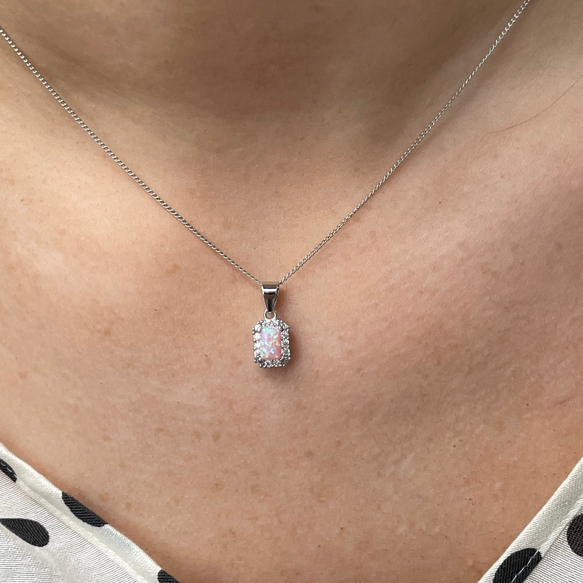 Silver Pink Opalique & CZ Rectangular Earring and Necklace Set