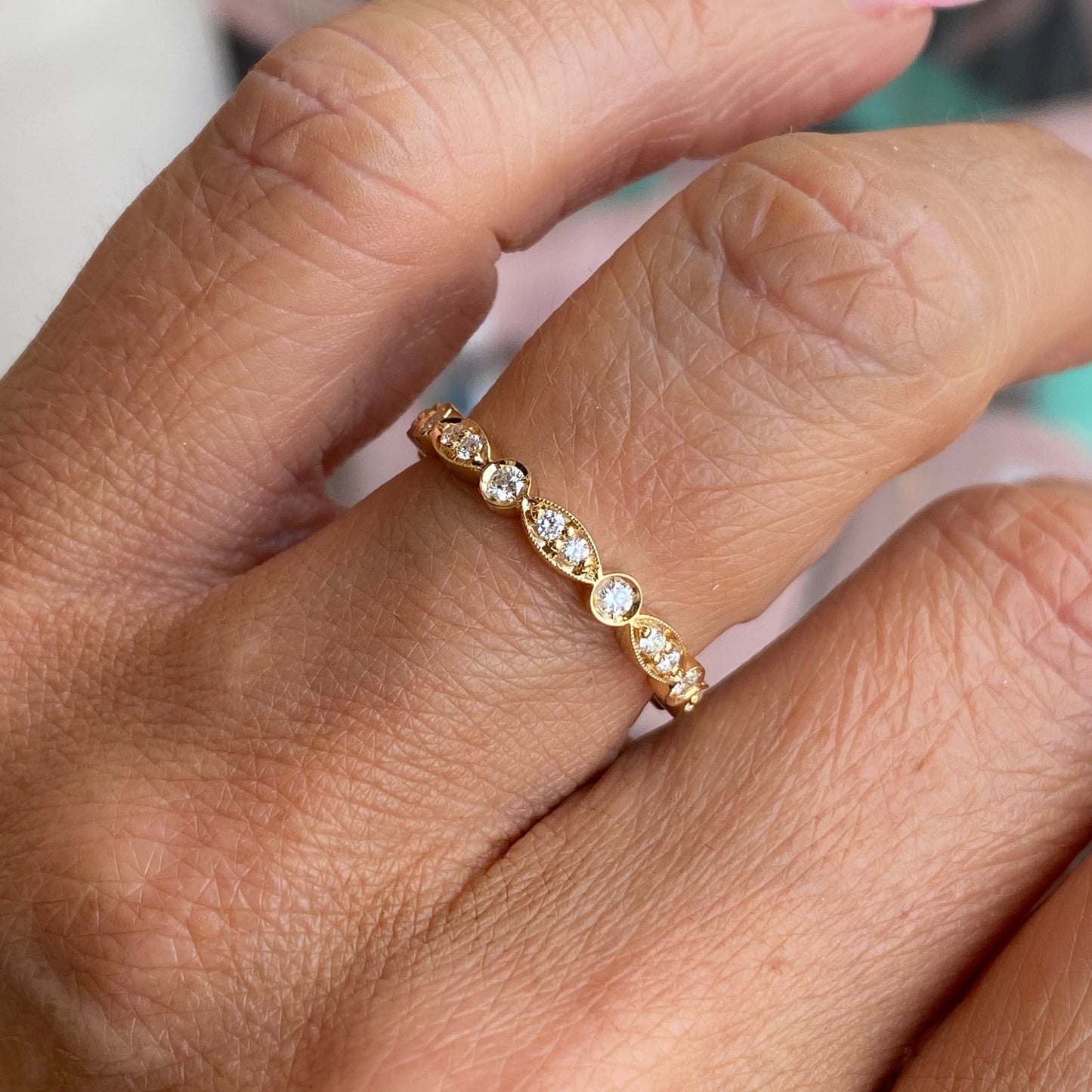 Lanza 18ct gold diamond wedding band with 0.35ct diamonds, decorative eternity ring showcasing sparkling diamonds and gold setting.