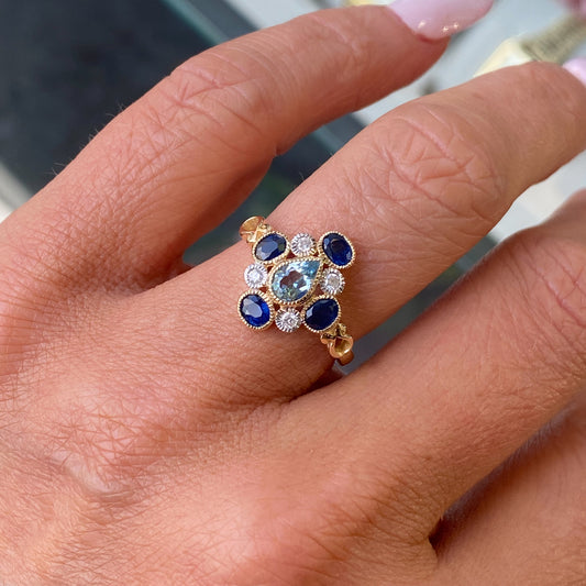 9ct Gold Aquamarine, Sapphire & Diamond Ring