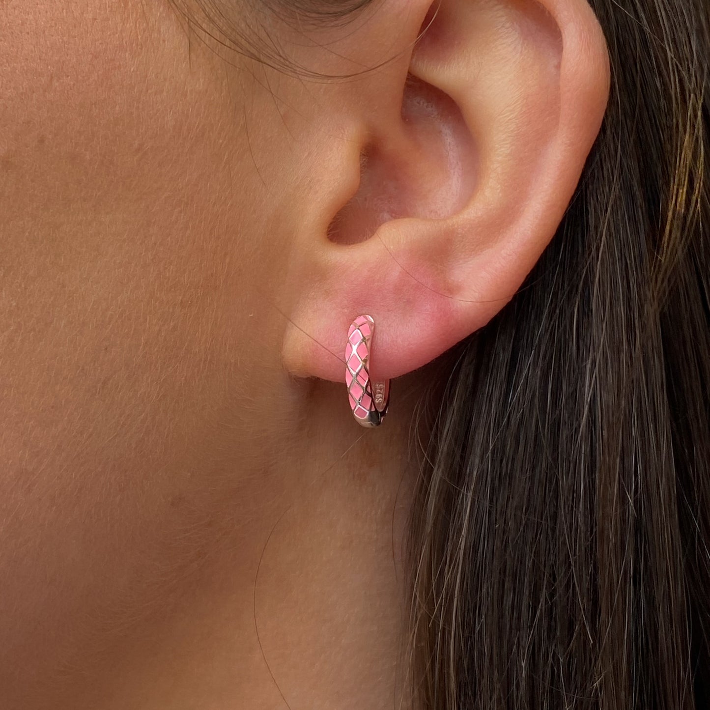 Silver Baby Pink Enamel Snakeskin Huggie Hoop Earrings | 14mm - John Ross Jewellers