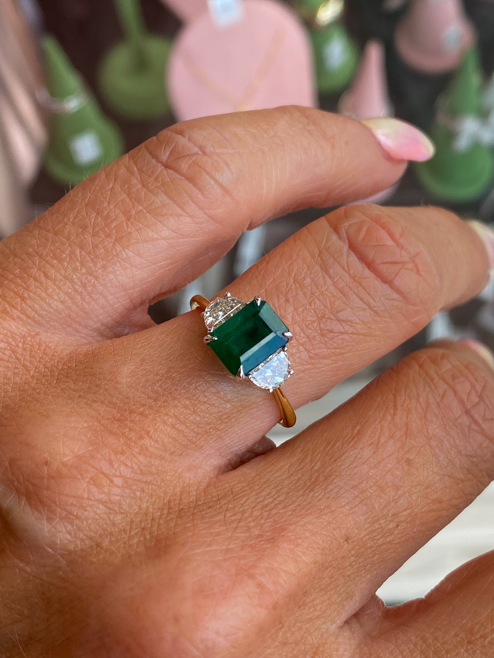 18ct Gold Emerald & Diamond Trilogy Ring - John Ross Jewellers