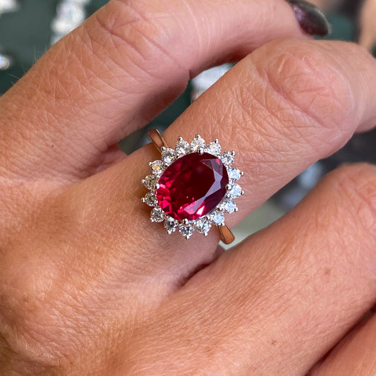 9ct Gold Cluster Ring - Created Ruby & CZ