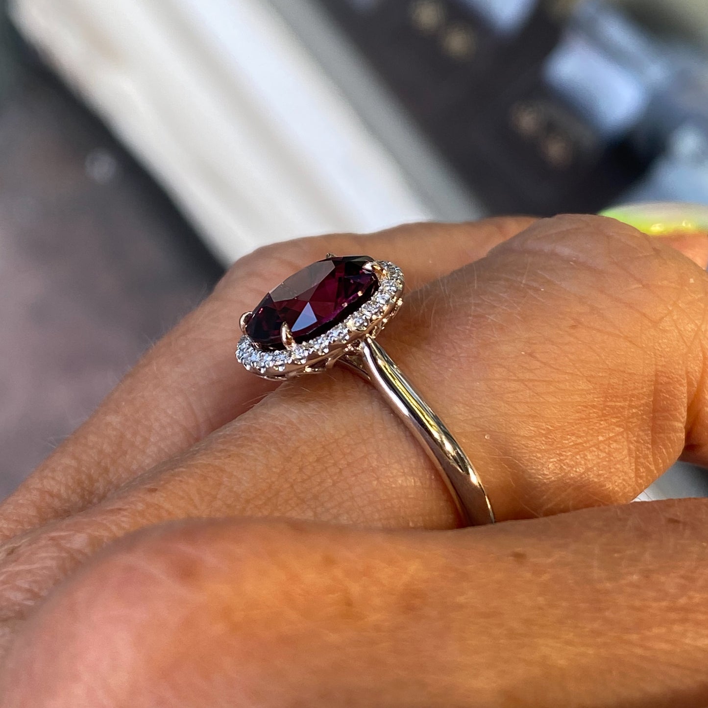 18ct White Gold Rhodolite & Diamond Ring