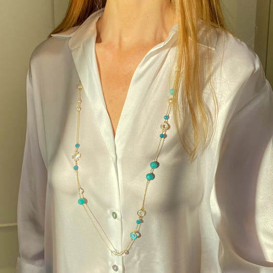 Amazonite, Pearl, Quartz & Mother of Pearl Necklace | 110cm - John Ross Jewellers