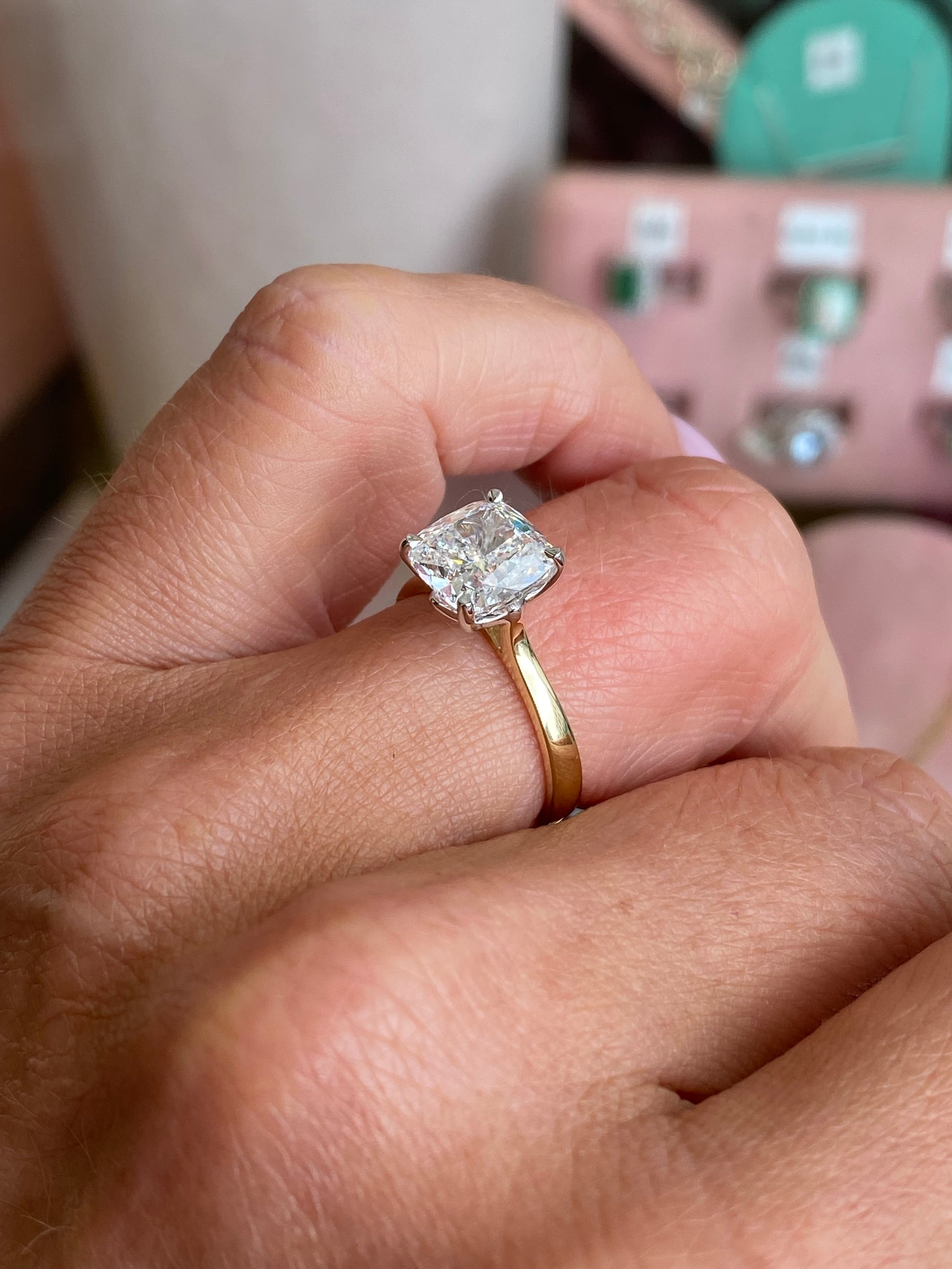 TCA 18ct gold cushion solitaire engagement ring with a 3.02ct certificated lab-grown diamond, elegant and sparkling jewelry piece.