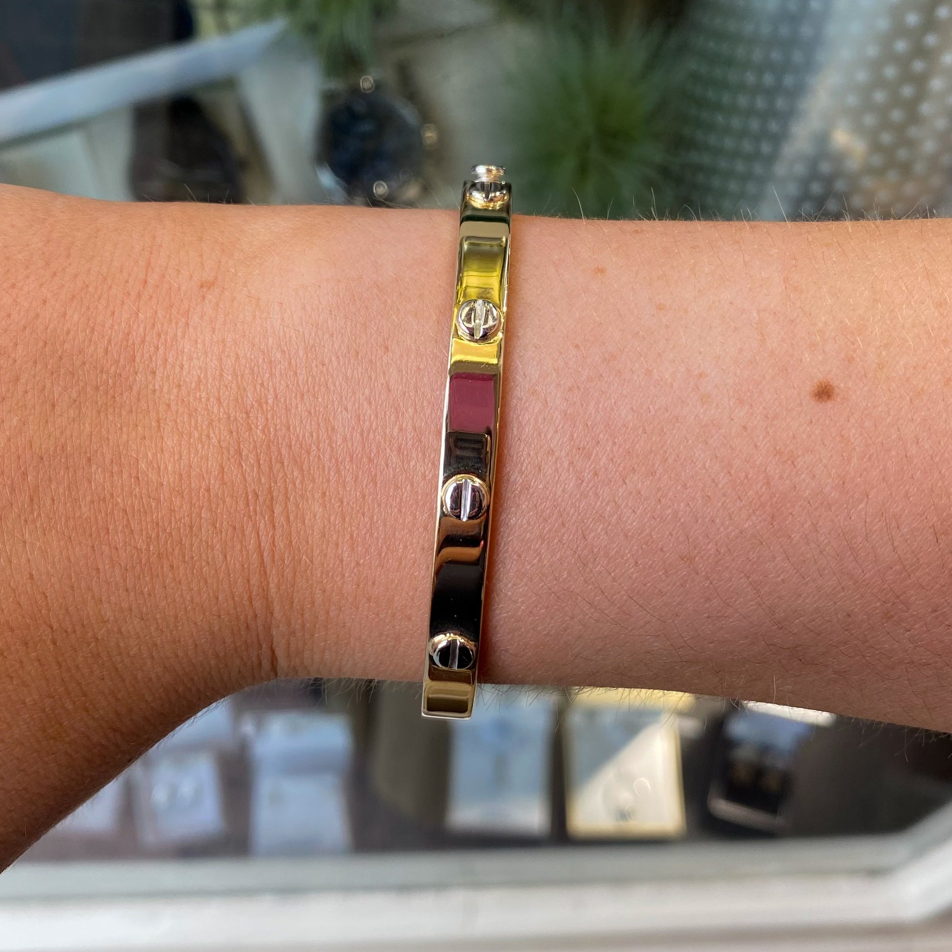 9ct Gold Solid Oval Bangle with White Gold Screws - John Ross Jewellers