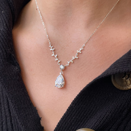 Silver Pear CZ & Leaf Necklace - John Ross Jewellers