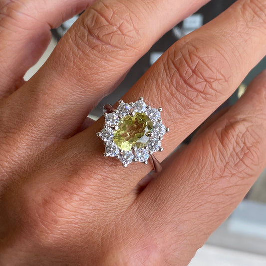 Silver Pale Peridot & CZ Diana Cluster Ring